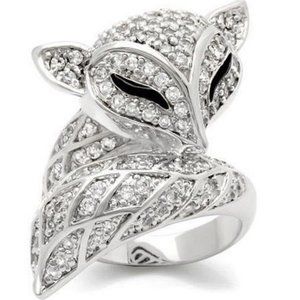 Rhodium Brass Ring Sleeping Fox with Tale AAA Grade CZ in Clear & Black Sz 7